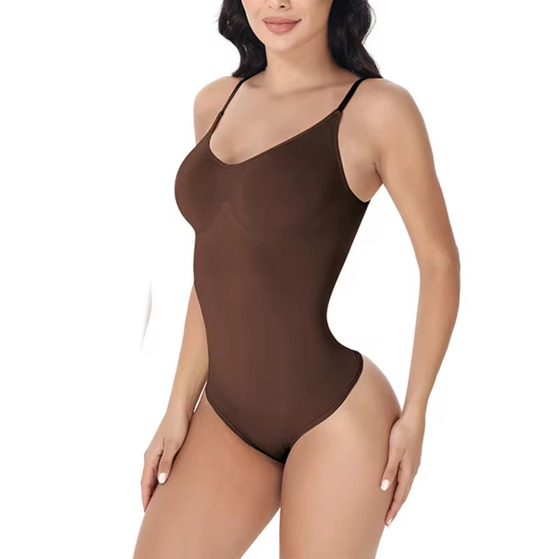 Super Sexy V-Neck Spaghetti Strap Bodysuit – Open Crotch Compression Body Shaper for a Sleek, Slimming Look