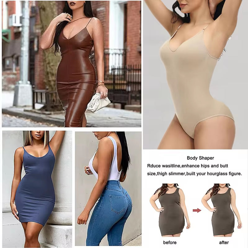 Super Sexy V-Neck Spaghetti Strap Bodysuit – Open Crotch Compression Body Shaper for a Sleek, Slimming Look